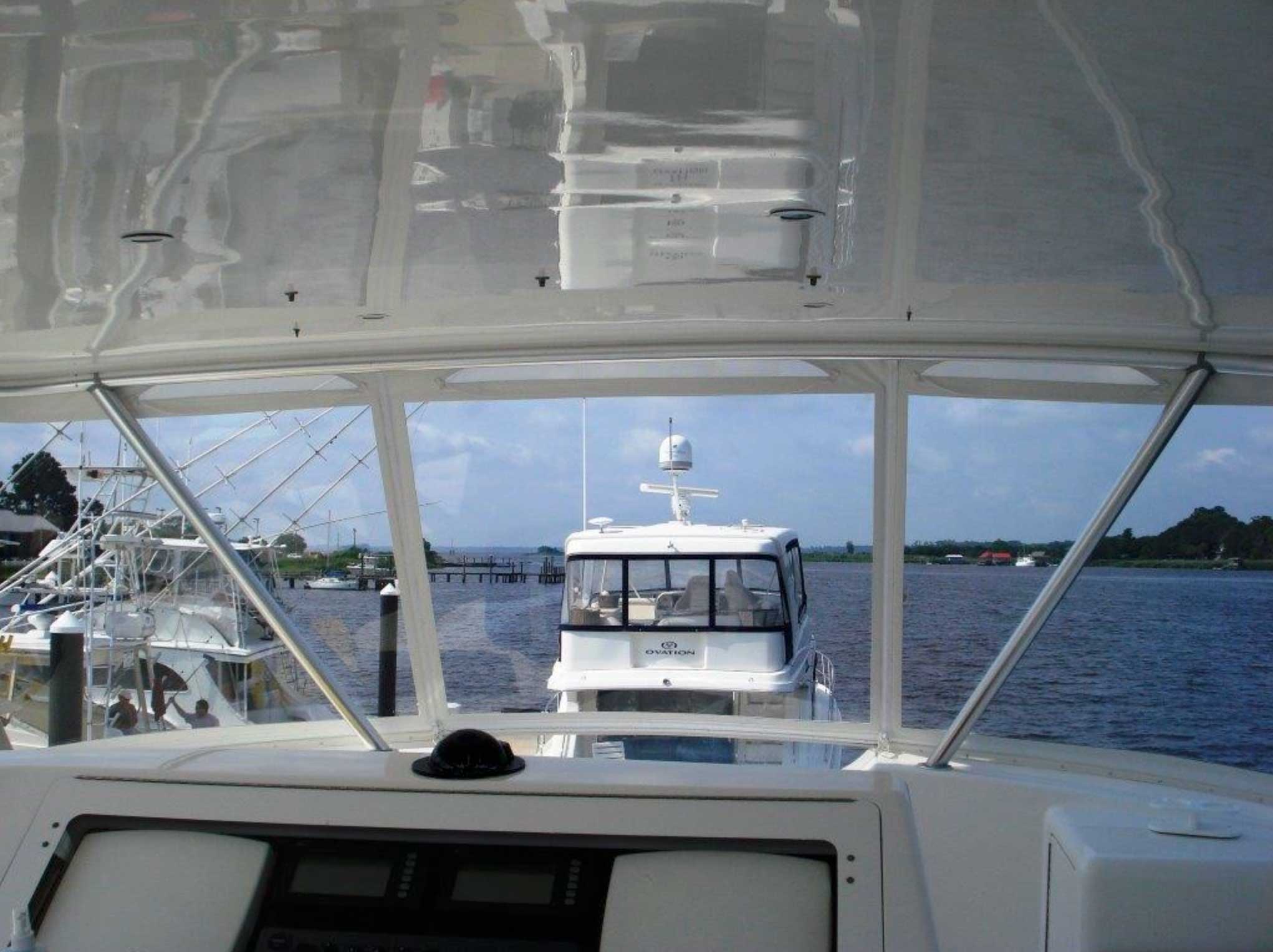 A photo of what you would see when you were looking out of one of our flybridge canvas enclosures.